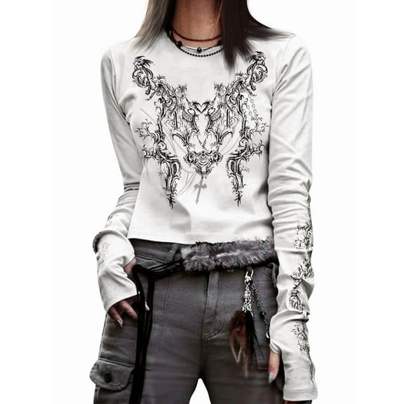 Graphic Tees for Women Teen Girls Aesthetic Grunge Gothic Clothes Y2k Shirt Knit Basic Long Sleeve Top Fall White XS
