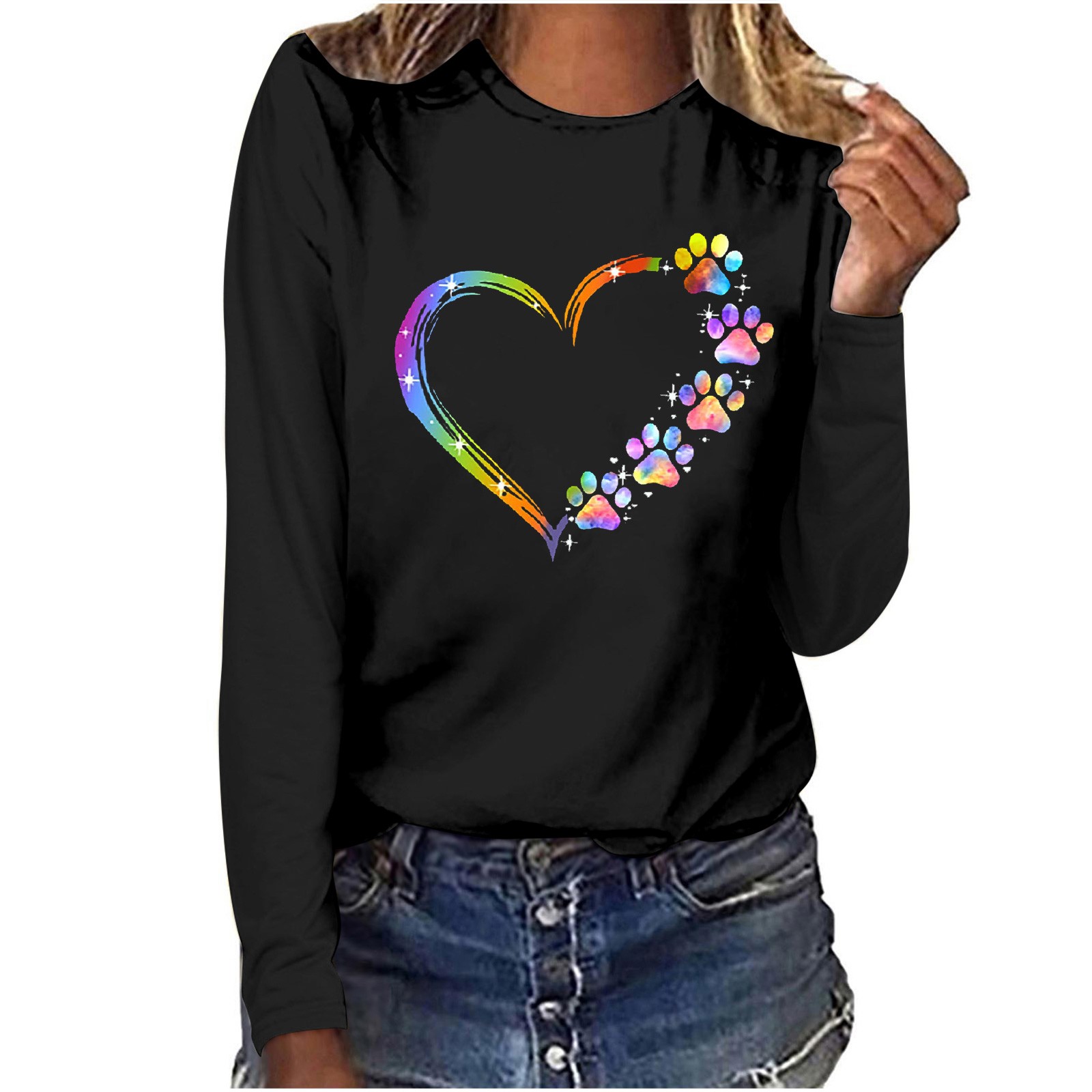 Graphic Tees for Women Trendy Fashion Summer Sexy Fold Printed Regular Long Sleeves Round Neck Button Top - image 1 of 5