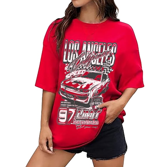 Graphic Tees for Women's Oversized Graphic Print Tee for Casual Everyday StyleDrop Shoulder Short Sleeve Cartoon Graphics Shirt Red S