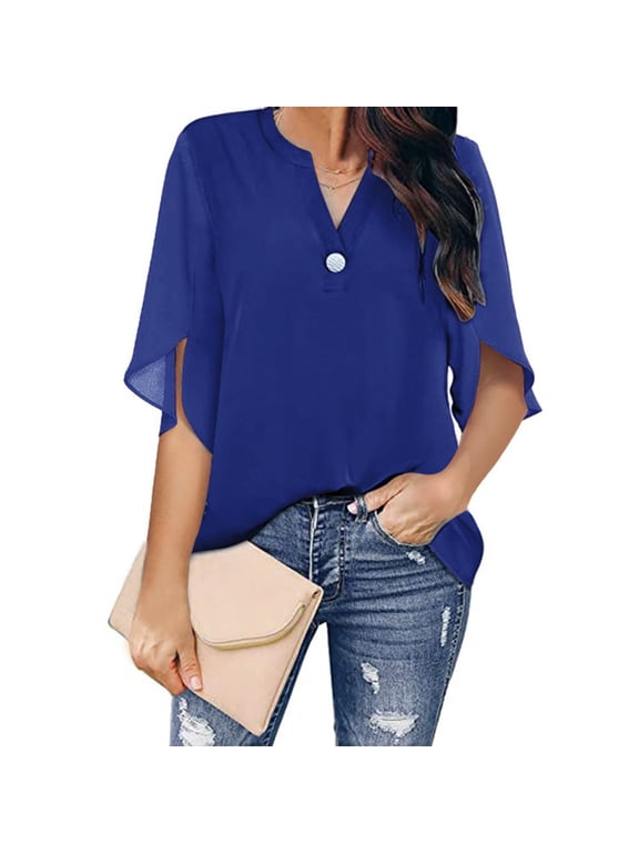 Graphic Tees for Women's Summer Dressy Chiffon Tennis Blouse Flutter Sleeve V Neck Ruffle Tunic Top for Women T?Shirt Blue 3XL