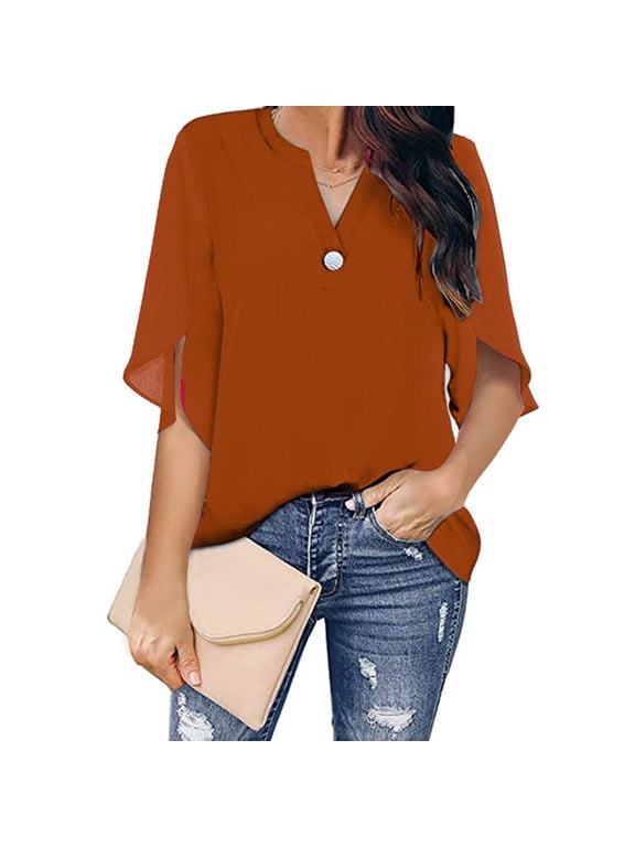Graphic Tees for Women's Summer Dressy Chiffon Tennis Blouse Flutter Sleeve V Neck Ruffle Tunic Top for Women T?Shirt Orange XXL