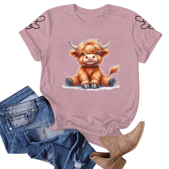 Graphic Tees for Women's T Shirt Featuring Cow Print Artwork for Daily Comfort and Style Pink L