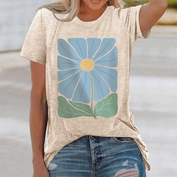 Graphic Tees for Women's T Shirt for Everyday Wear with Floral Print Short Sleeve by Cute Fashion and Modern Style Beige L