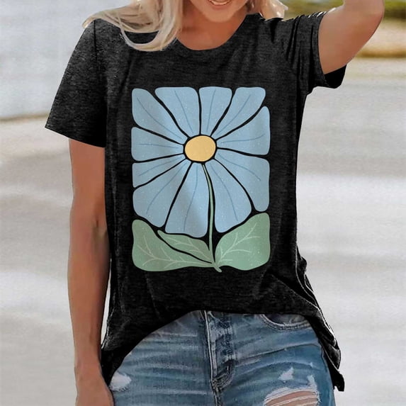 Graphic Tees for Women's T Shirt for Everyday Wear with Floral Print Short Sleeve by Cute Fashion and Modern Style Black 3XL