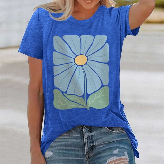 Graphic Tees for Women's T Shirt for Everyday Wear with Floral Print Short Sleeve by Cute Fashion and Modern Style Blue XL