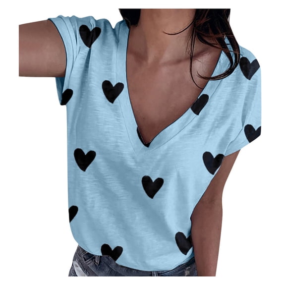Graphic Tees for Women's T-Shirts Casual V-Neck Heart Printed Short Sleeve Tee for Daily Wear Soft Graphic Top for Women Blue 4XL