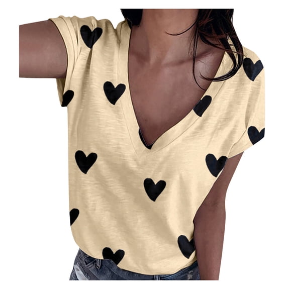 Graphic Tees for Women's T-Shirts Casual V-Neck Heart Printed Short Sleeve Tee for Daily Wear Soft Graphic Top for Women Yellow XL