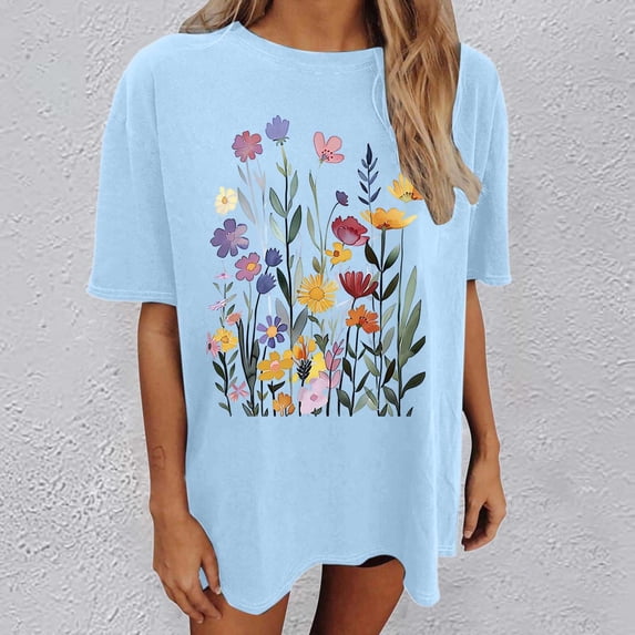Graphic Tennis Tees for Women's T-Shirts Oversized Graphic Tee for Casual Everyday Wear Top with Print Comfortable Fit Blue L