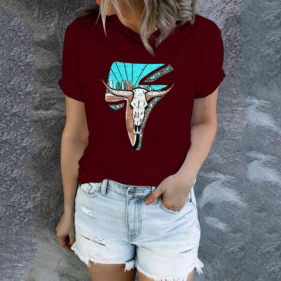 Graphic Tees for Women's Top Shirt Short Sleeve Aztec Western Casual Denim Shirt for Everyday Fashion and Daily Wear Red 3XL