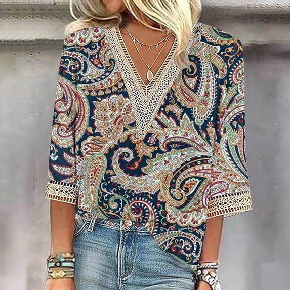 Graphic Tees for Women'shirts Summer 3/4 Sleeve Lace V Neck Dressy Tops Floral Blouses for Women Fashion Daily Wear Blue L
