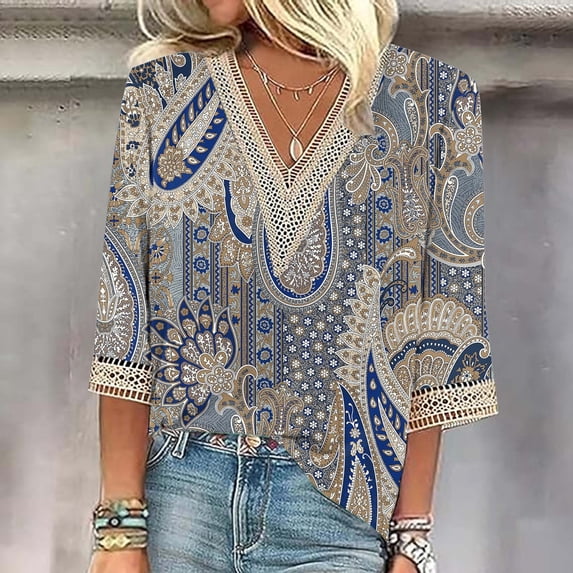 Graphic Tees for Women'shirts Summer 3/4 Sleeve Lace V Neck Dressy Tops Floral Blouses for Women Fashion Daily Wear Blue XXL