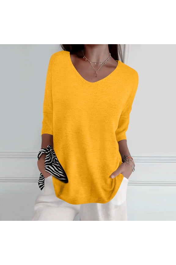 Graphic Tees for Women'spring Casual 3/4 Sleeve Solid Color V Neck Loose Pullover Knit Fall Tops for Women Yellow M