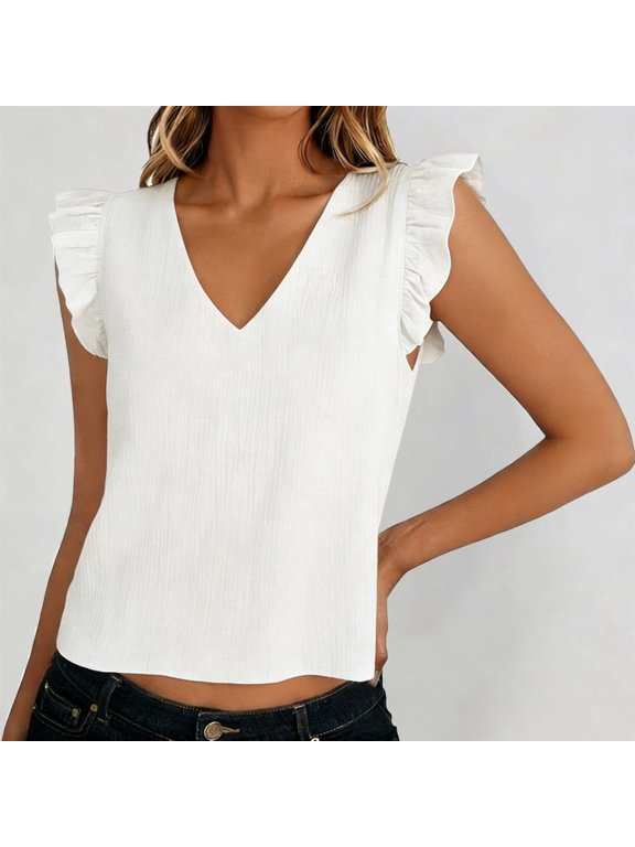 Graphic Tees for Women'summer Casual T Shirt With V Neck And Flutter Sleeves Soft Basic Top For Everyday Wear For Women White M