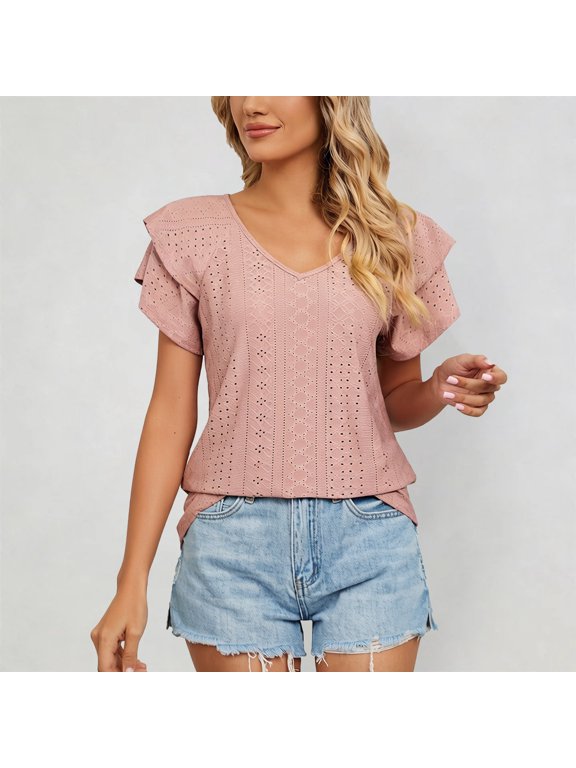 Graphic Tees for Women'summer Casual V Neck Short Sleeve T Shirt Loose Fit Double Layer Sleeve And Collar Top Women’s T-Shirts for Everyday Pink XXL