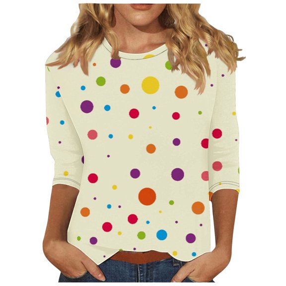 Graphic Tunic Tops for Women Cozy Cotton Summer Casual 3/4 Sleeve Print Shirts Crewneck Fashion Fall Loose Clothes, Yellow, S