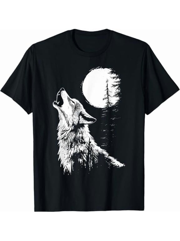 Graphic Wolf Howling Moon Forest Nature Wildlife Animal T-Shirt Unisex Adults Men Women Crew Neck Short Sleeve Tees