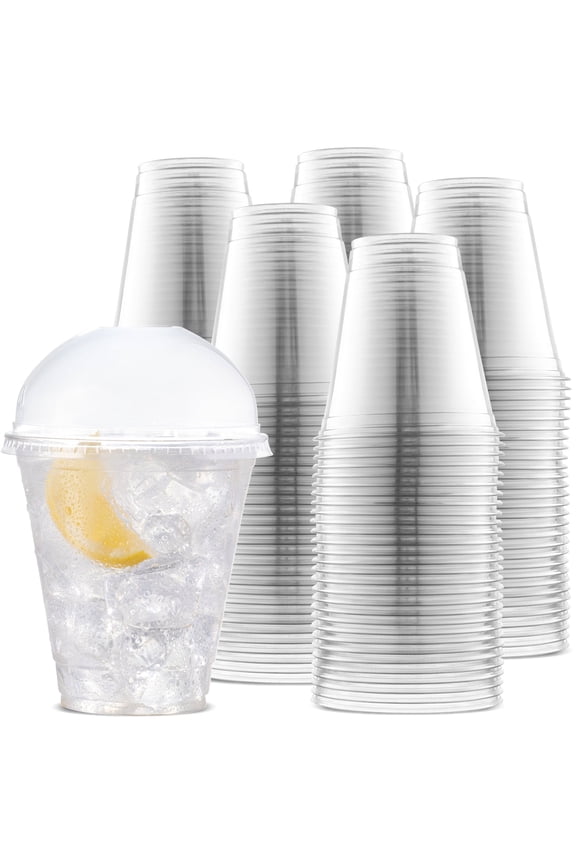 Large Party Plastic Cups with Dome Lids 12 oz 100 Count - Crystal Clear Disposable Cups