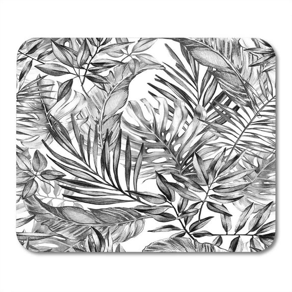 Graphical Black and White Charcoal Tropical Pattern Tropic Plants Monstera Leaf Areca Palm Banana Leaves Mousepad Mouse Pad Mouse Mat 9x10 inch