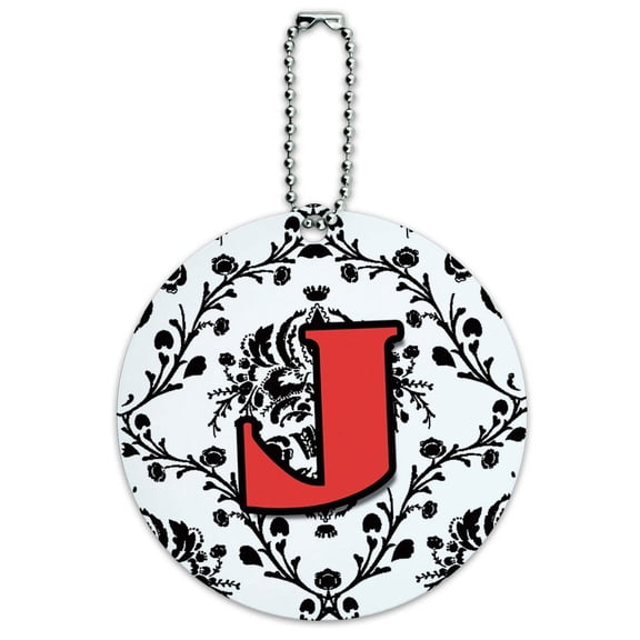 Graphics and More Letter J Initial Damask Elegant Red Black Round ID Card Luggage Tag