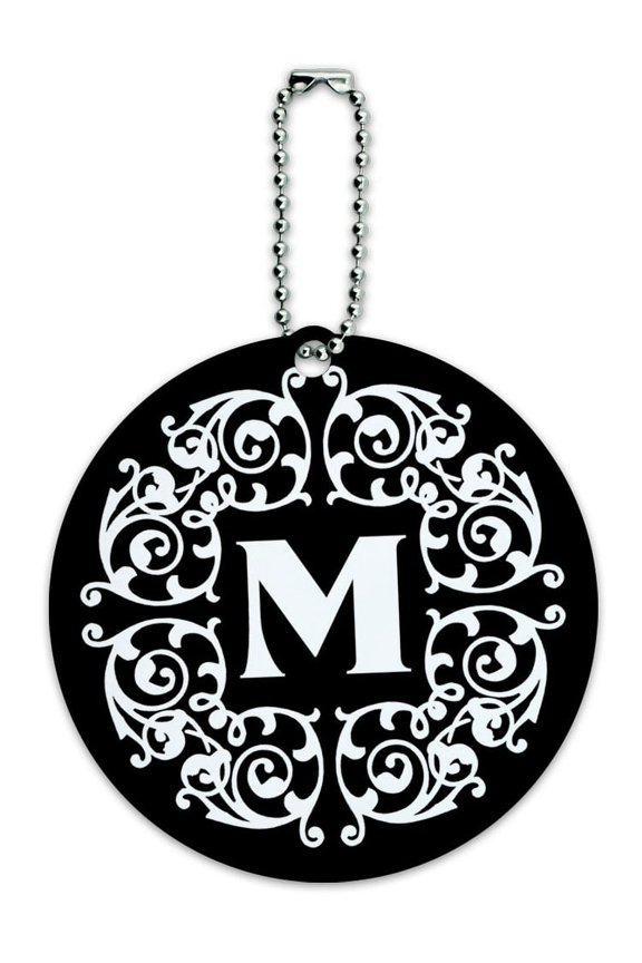 Letter M Initial Black White Scrolls Round ID Card Luggage Tag