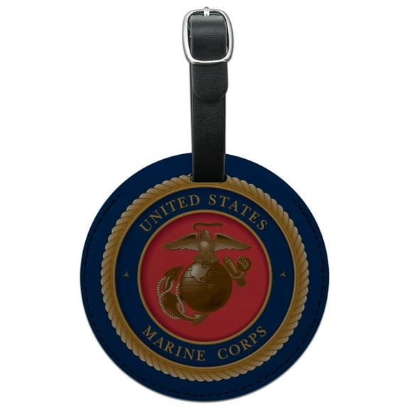 Graphics and More Marine Corps USMC Emblem Officially Licensed Round Leather Luggage Card Suitcase Carry-On ID Tag