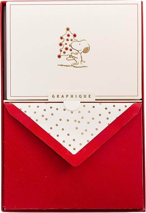 Graphique Peanuts Holiday Designer Cards by Graphique Luxe Collection, Christmas Greetings, Gold Foil Embossed Stationary Boxed Set, 15 Blank Cards with 16 Envelopes, 5.9" x 8.67"