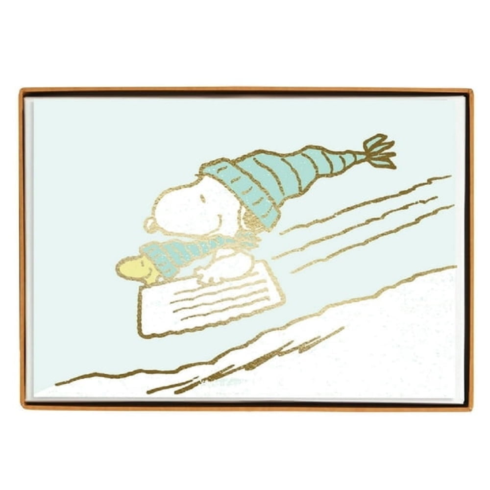 Graphique Snoopy Sledding Holiday Cards | Pack of 15 Cards with Envelopes | Blank Inside | Christmas Greetings | Gold Foil Accents | Boxed Set | 4.25" x 5.5"