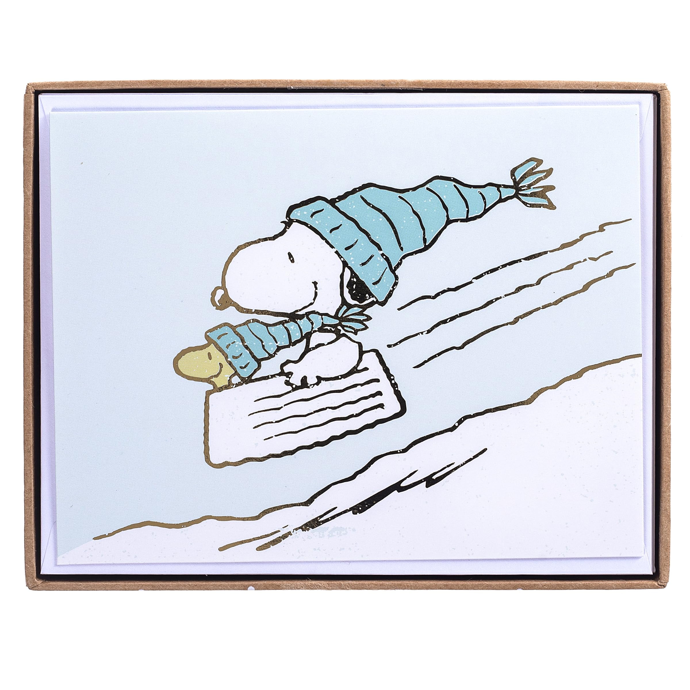 Graphique Snoopy Sledding Holiday Cards | Pack of 15 Cards with Envelopes | Blank Inside | Christmas Greetings | Gold Foil Accents | Boxed Set | 4.25" x 5.5" E11
