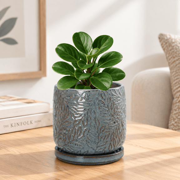 Graphite Blue 4 Inch Embossed Leaves Ceramic Planter with Tray
