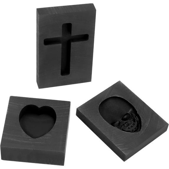 Graphite Casting Mold Set, 3 Pcs Skull, Cross & Heart Casting Ingot Mold, Metal Refining Scrap Mold, for Smelting Metal Brass Copper Aluminum Zinc Gold