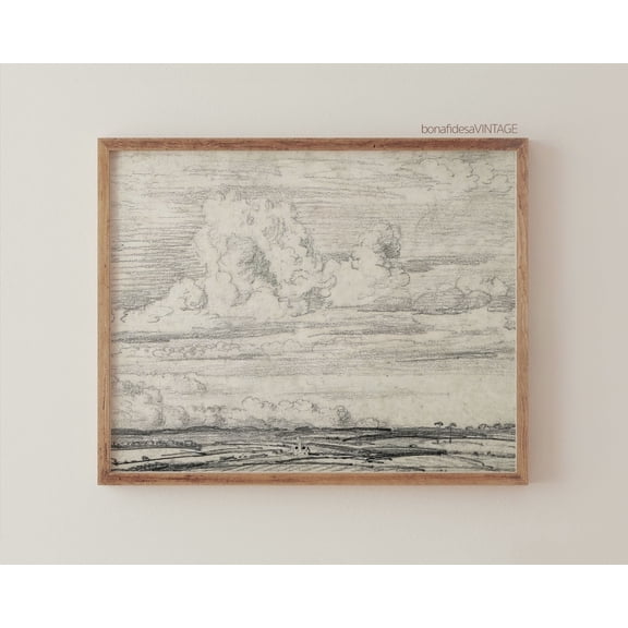 Graphite Cloudy Landscape Print Poster, Vintage Landscape Sketch, Victorian Wall Art Poster, Poster Wall Art Poster, Light Academia Decor Warm Present Vintage UNFRAMED Poster Size 16x24