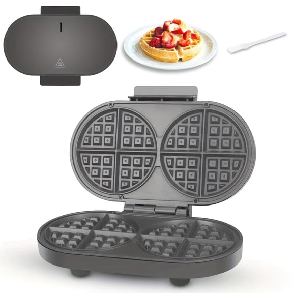 Graphite Double Belgian Waffle Maker 2 x 6 Inch Round Non-Stick Plates Fast Heating Easy Clean Storage Thick Waffle Iron for Family Breakfast
