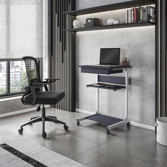 Graphite Rolling Laptop Cart with Storage Drawer and Shelves, Scratch Resistant Steel Frame
