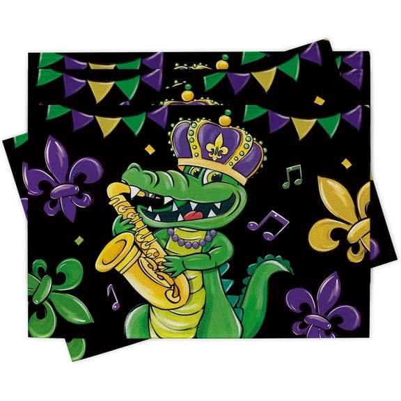 Gras Alligator Placemats Set of 4, Fleur De Lis Trumpet New Orleans Carnival Dining Place Mats Table Decor, Masquerade Home Kitchen Decoration 12 x 18 Inch