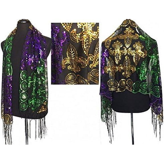 Gras Fleur De Lis Sequined Shawl Purple Green Fringe SCARF COSTUME Table Runner