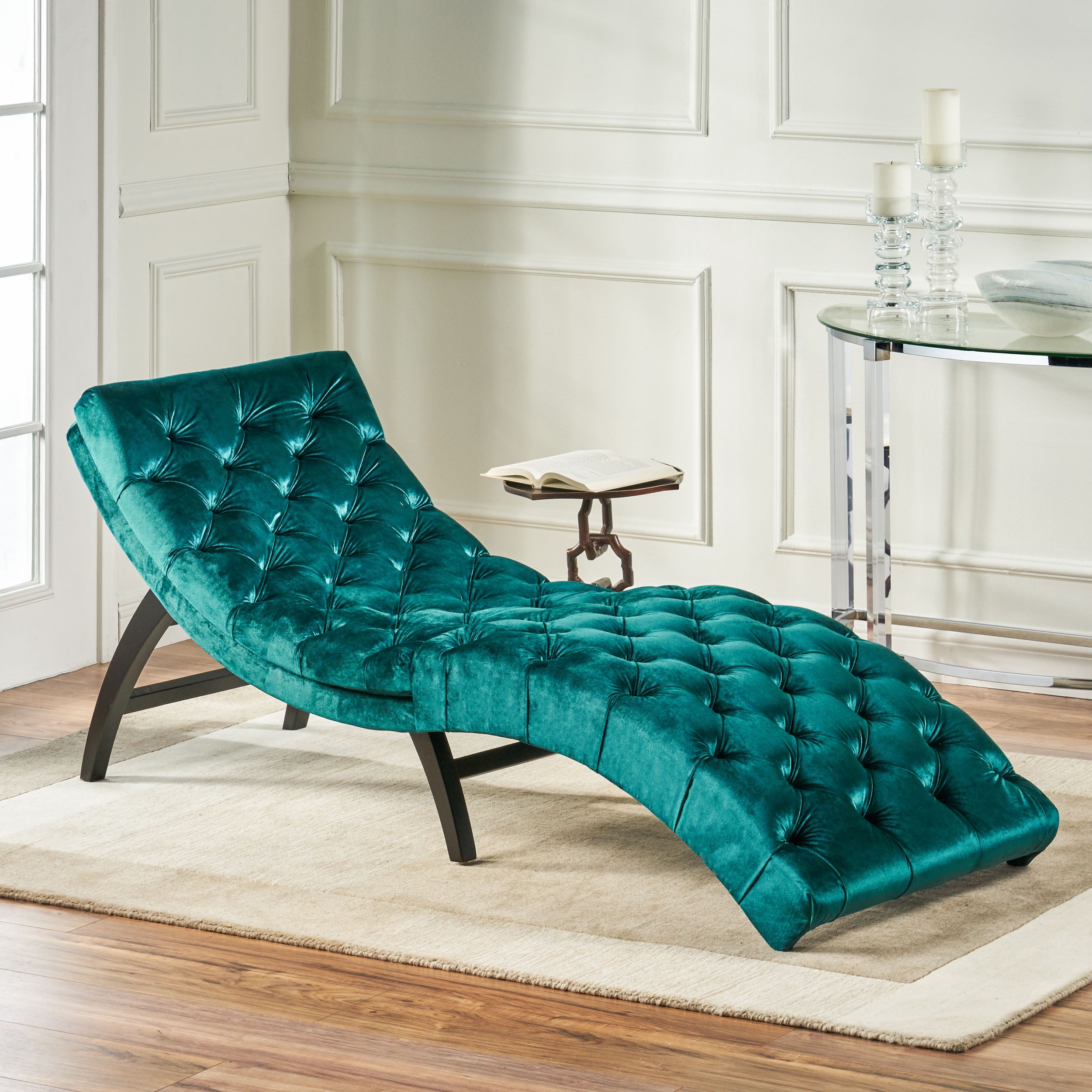 Elegant Teal Velvet Curved Chaise Lounge with Tufted Detail