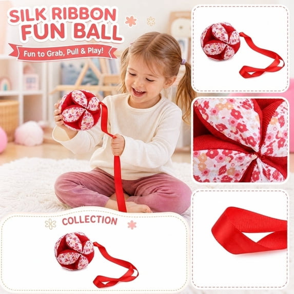 Grasping Ball Red Fabric Interactive Ribbon Cloth Ball 1 Pack Soft Sensory Play Ball for Toddlers Infants Interactive Tummy Time Play Fine Motor Skill Development Holiday Gift