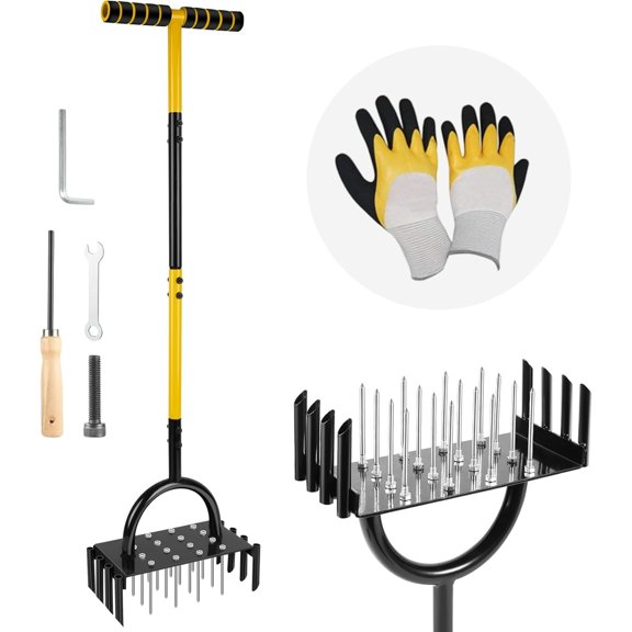 Grass Aeration Tool Featuring 16 Steel Spikes, Designed with a Spring-Loaded Mechanism And an Adjustable T-Handle, This Pre-Assembled Hand Aerator Is Perfect for Lawns, Yards, And Gardens
