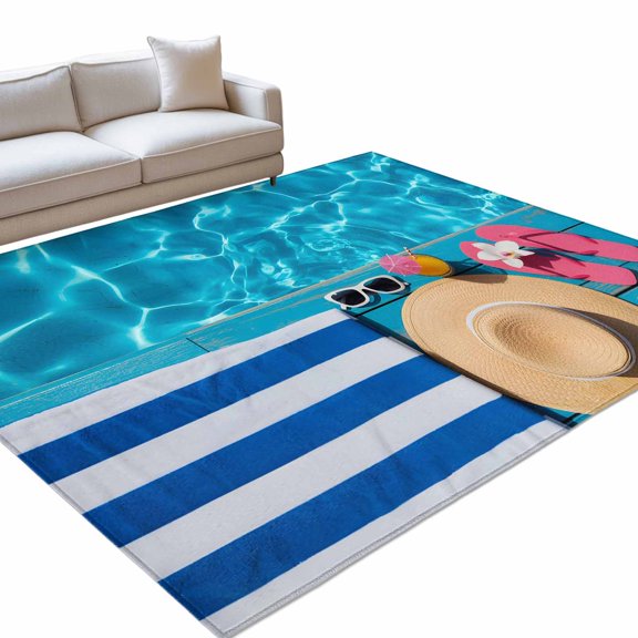 Grass Caps 5x7ft Non Slip Area Rug Pink Slippers Swimming Pool Towels Shells Washable&nbsp;Soft Area Rugs for Living Room, Indoor&nbsp;Circle Carpet for Bedroom Dining Room Kitchen