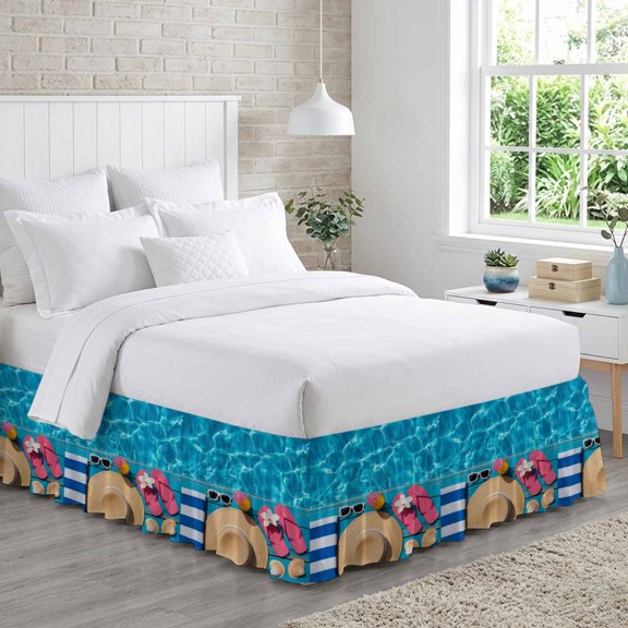 Grass Caps Bed Skirt California King Size 18 Inch Drop, Pink Slippers Swimming Pool Towels Shells Adjustable Elastic Dust Ruffles Bedskirt Wrap Around Pleated Mattress Frame Cover