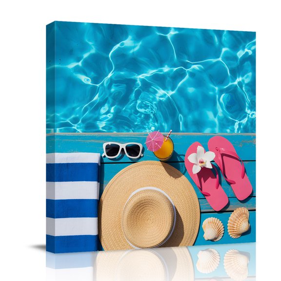 Grass Caps Canvas Wall Art for Living Room, Pink Slippers Swimming Pool Towels Shells Wall Decor Framed Artwork Pictures Ready to Hang for Bedroom Office Home Decor