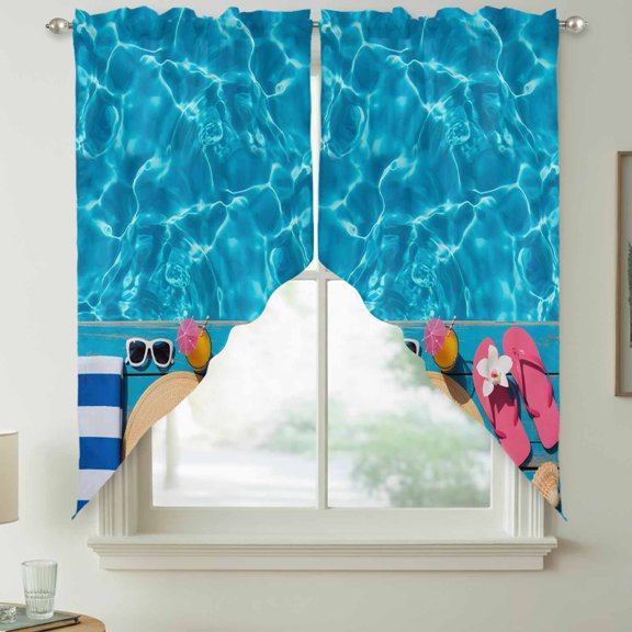 Grass Caps Swag Kitchen Curtain Valances, Pink Slippers Swimming Pool Towels Shells Rod Pocket Curtains Window Treatment Decor Valances for Bedroom Bathroom, 2 Panels 28 x 36 Inch