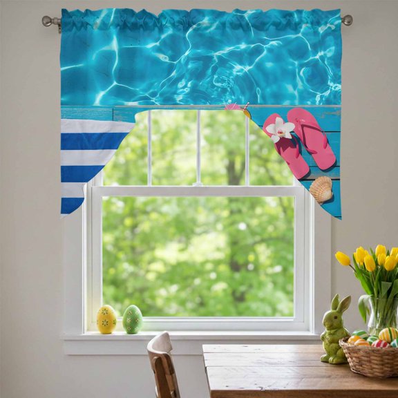 Grass Caps Swag Valances for Kitchen Window, Pink Slippers Swimming Pool Towels Shells Small Swag Valances Rod Pocket Curtain Drapes Window Treatment for Bedroom Bathroom, 56x36 Inch