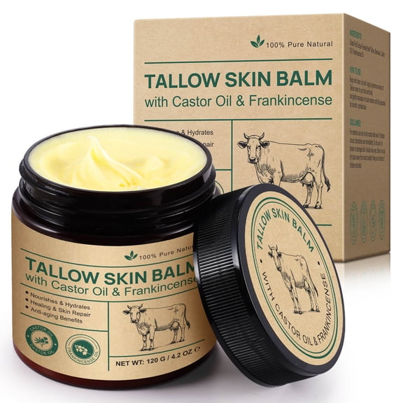 Grass-Fed Beef Tallow Skin Balm with Castor Oil & Frankincense, Deep Moisturizing Face & Body Balm, 120g