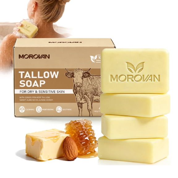 Morovan 4pcs Tallow Soap Bar,Grass Fed Tallow Soap Unscented,Moisturizing Face & Body Wash Great for Dry,Sensitive Skin, 5 oz Each
