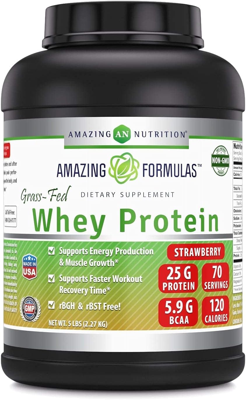 Amazing Formulas Grass-Fed Whey Protein 5Lbs Supplement | Strawberry Flavor | 70 Serving Per Unit | 25 Gram Protein per Serving | Made in USA