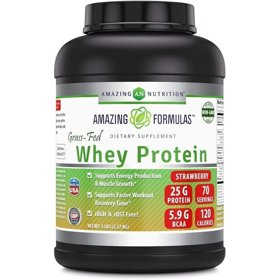 Amazing Formulas Grass-Fed Whey Protein 5Lbs Supplement | Strawberry Flavor | 70 Serving Per Unit | 25 Gram Protein per Serving | Made in USA