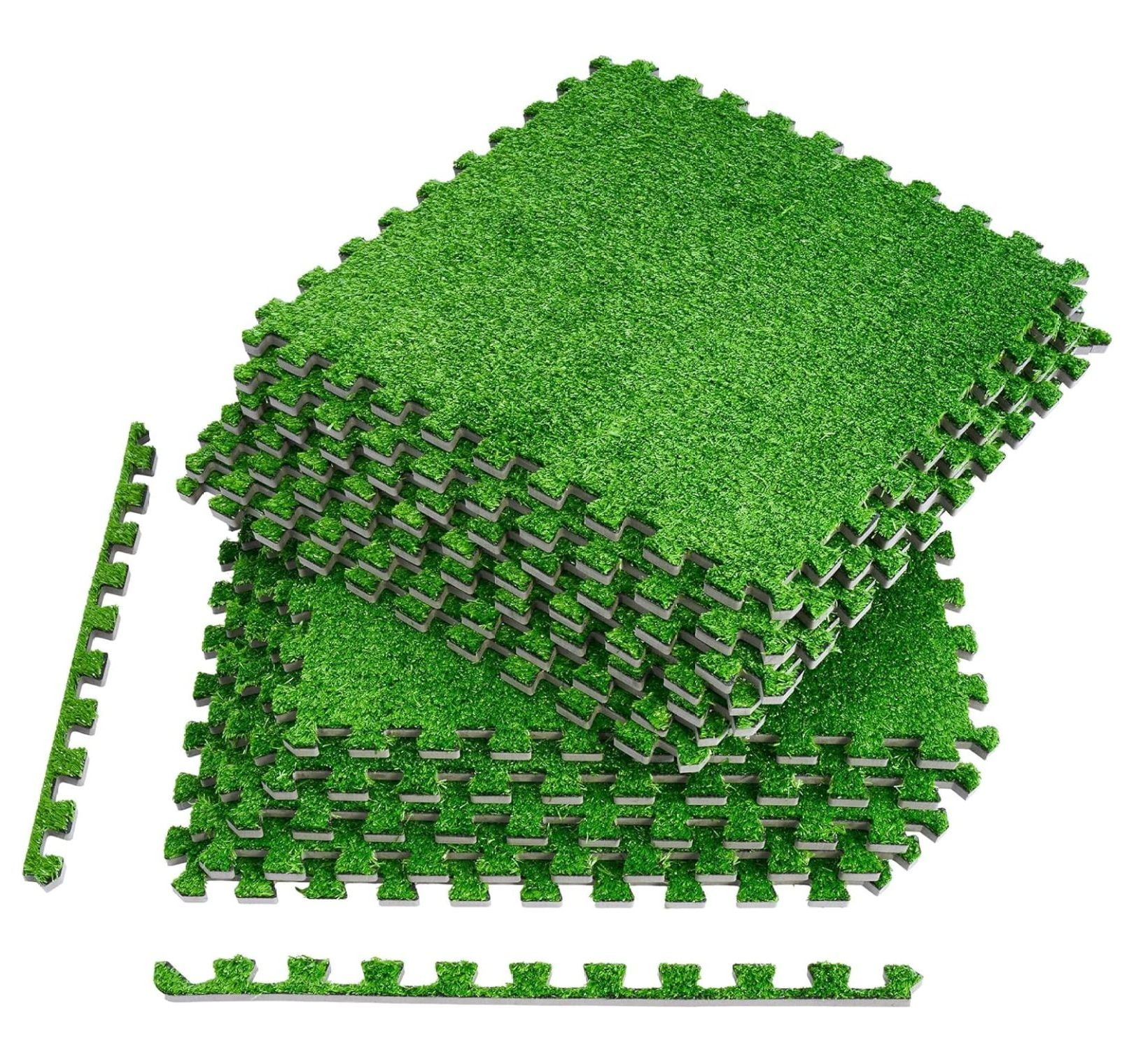 Grass Foam Floor Tiles - 12 Interlocking Mats of 24"X24 Total of Sq Ft for, Playroom, Deck, Patio, Basement Home Gym - Artificial Carpet Grass Turf Indoor Outdoor Flooring 12tiles ( 48 Sq ft.)