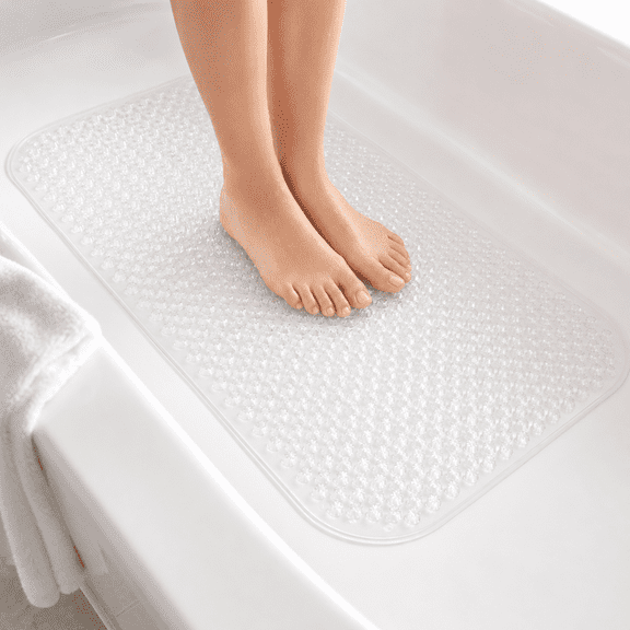 Grass Foot Scrubber Bath Mat for Shower or Tub, Anti Slip PVC Massage Bathmat with Suction Cups, Spa Texture, 24.5 x 13.5, White