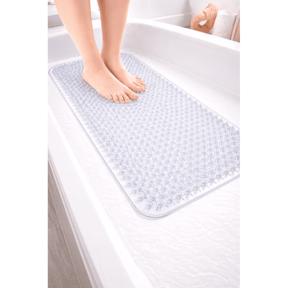 Grass Foot Scrubber Bath Mat for Shower or Tub, Anti Slip PVC Massage Bathmat with Suction Cups, Spa Texture, 25 x 14, Clear